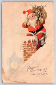 Christmas~Santa Checks Watch~Icy Chimney~Gibson Art~c1910 Vintage Postcard