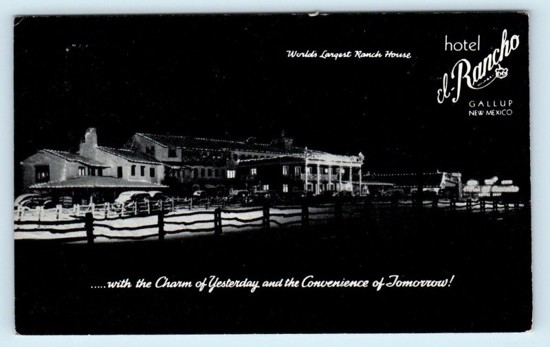 GALLUP, NM New Mexico ~ Route 66 HOTEL EL RANCHO c1940s Night View Postcard