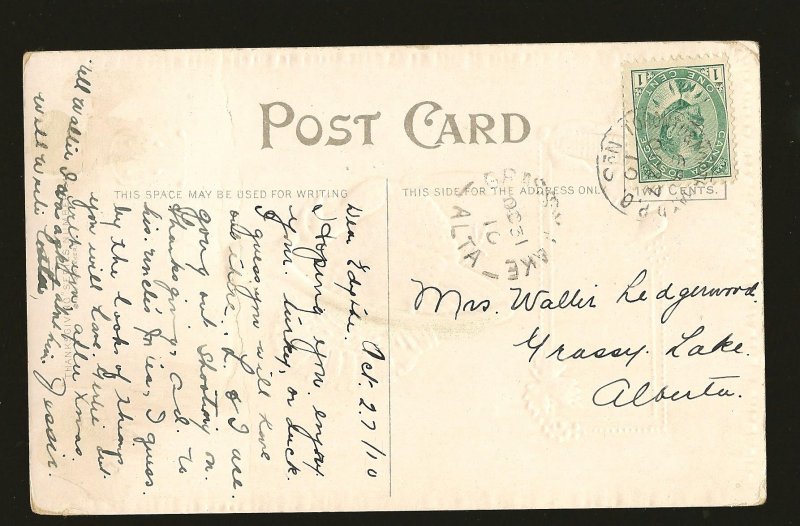 Postmark 1910 Grassy Lake Alta Canada Thanksgiving Greeting Embossed Postcard