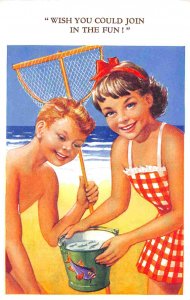 Beach Kids Fish Net Bucket Bamforth Children's Seaside Series postcard