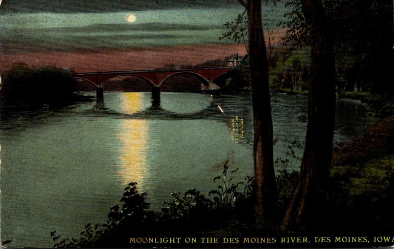 Iowa Des Moines Moonlight on The Des Moines River 1912 Curteich