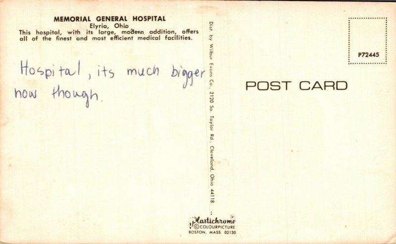 USA Memorial General Hospital Elyria Ohio Chrome Postcard 08.58