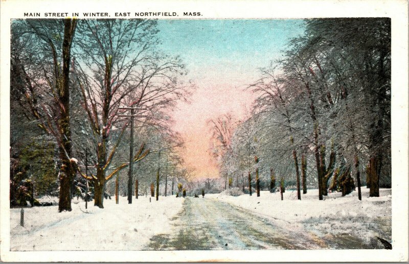 Vtg 1920s Main Street in Winter East Northfield Massachusetts MA Postcard