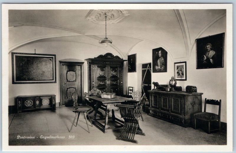 c1920s Pontresina, Switzerland RPPC Engadinerhaus Noble Manor Art Gallery A362
