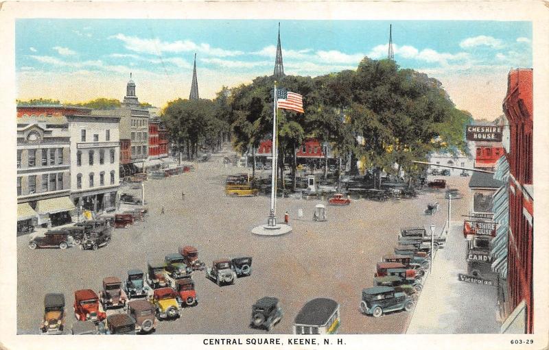 Keene New Hampshire~Street @ Central Square~Cheshire House~American Flag~1920s