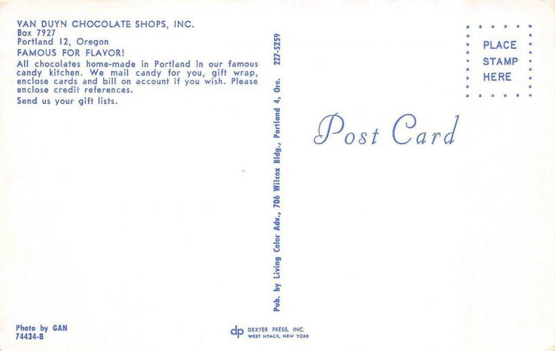 PORTLAND, OR  Oregon         VAN DUYN CHOCOLATE SHOPS      Roadside Postcard