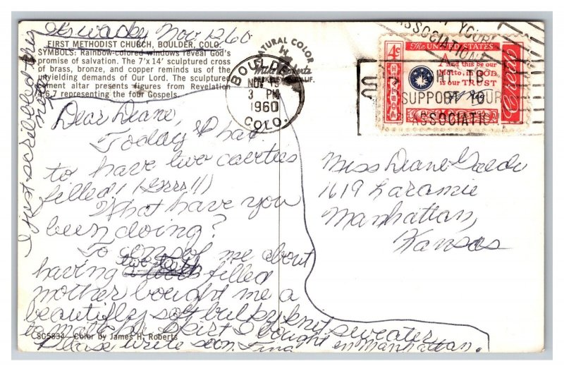 First Methodist Church Interior View Boulder Colorado Postcard c1960 Postmark