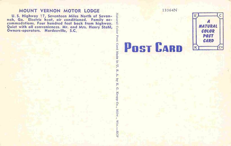 Mount Vernon Motor Lodge US 17 Hardeeville South Carolina linen postcard