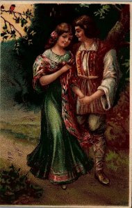 c1915 ROMANTIC COUPLE MIDDLE AGES BIRD UNPOSTED POSTCARD 20-248