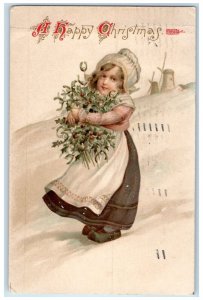 1910 Christmas Dutch Girl With Berries And Mistletoe Windmill Antique Postcard