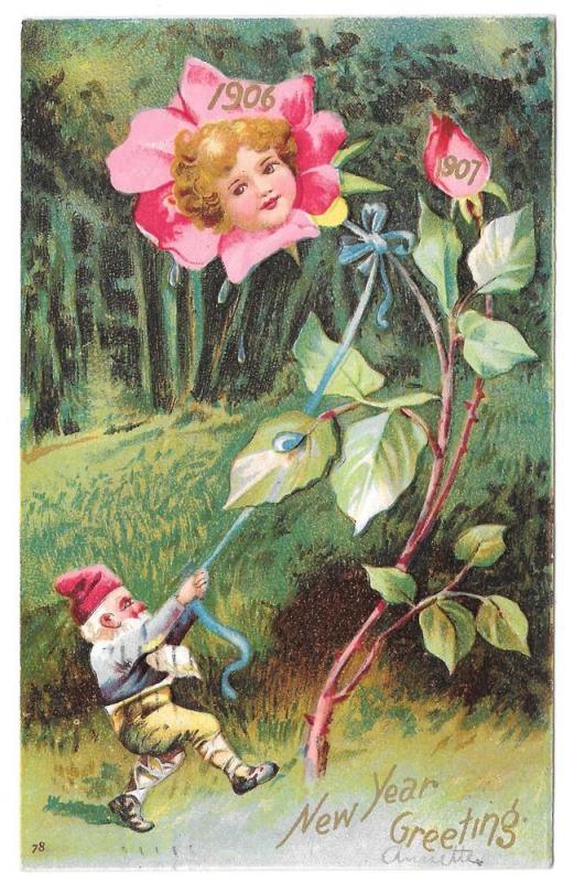 New Years Fantasy Flower Face Rose Gnome 1906 1907 Postcard