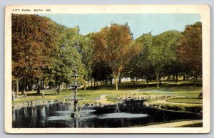 Bath Maine~City Park General View~Fountain~Pond~People~Reflection~1920s Postcard