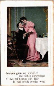 Art Nouveau Couple Gives Each Other a Hug Champagne Vintage Postcard C204