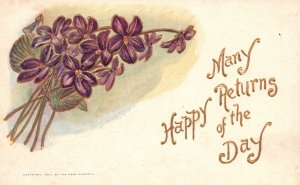 Vintage Postcard Many Happy Returns Of The Day Birthday Violets Bouquet Greeting