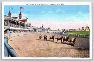 Covington Kentucky~Latonia Race Track~Horses~Flag~Grandstand~Linen Postcard