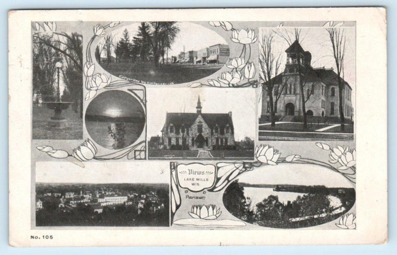 LAKE MILLS, WI Wisconsin~ School STREET SCENE etc 1910 Jefferson County Postcard 