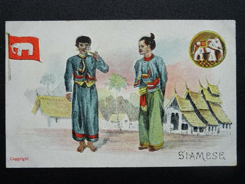 SIAMESE People Dressed in National Costume with Flag c1906 Postcard by G.D.& D.