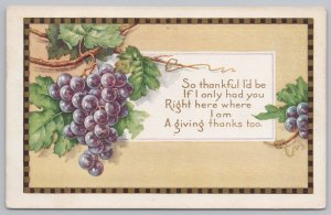Greetings~So Thankful I'd Be~Grapes On Vine & Checkered Border~Vintage Postcard