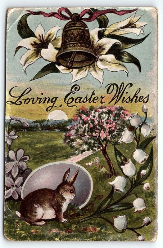 c1910 LOVING EASTER WISHES BOISE IDAHO RABBIT BELL FLOWERS LILLIES POSTCARD P332