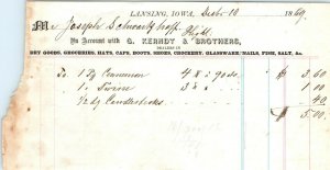 1869 Lansing, Iowa G Kerndt & Brothers Letterhead Dry Goods Invoice Inventory R1