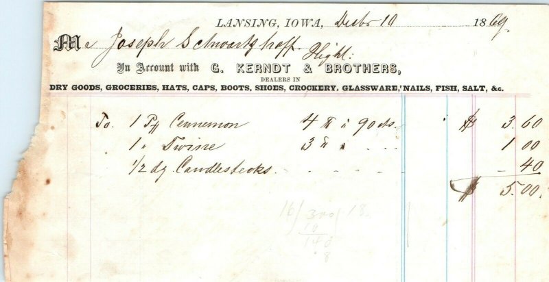 1869 Lansing, Iowa G Kerndt & Brothers Letterhead Dry Goods Invoice Inventory R1