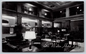 Raleigh NC~Sir Walter Hotel Lobby~Room W/ Decorations~B&W Postcard
