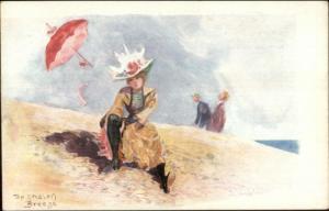 Woman on Beach Heavy Dress Boots Umbrella Blows Away THE NEEDLESS BREEZE pc