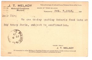 Melady Grain Merchant, Toronto Paris Ontario, 1913 Canada Postal Stationery