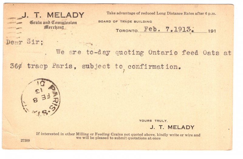 Melady Grain Merchant, Toronto Paris Ontario, 1913 Canada Postal Stationery