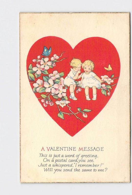 ANTIQUE POSTCARD VALENTINE BLOND BOY AND GIRL SIT ON TREE LIMB WITH BUTTERFLIES 