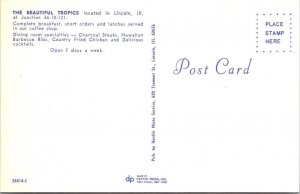 Lincoln, IL Illinois THE TROPICS RESTAURANT~BAR Interior View ROADSIDE Postcard