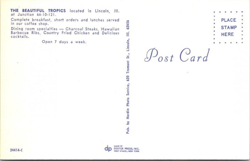 Lincoln, IL Illinois THE TROPICS RESTAURANT~BAR Interior View ROADSIDE Postcard
