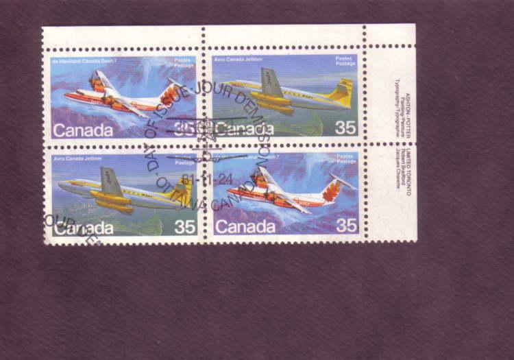 Canada, Inscription Block of Four, Used, Airplanes,  35 Cent, Scott #905-06