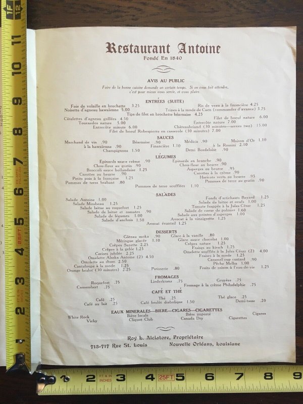 1940 Antoine's Centennial Menu French New Orleans