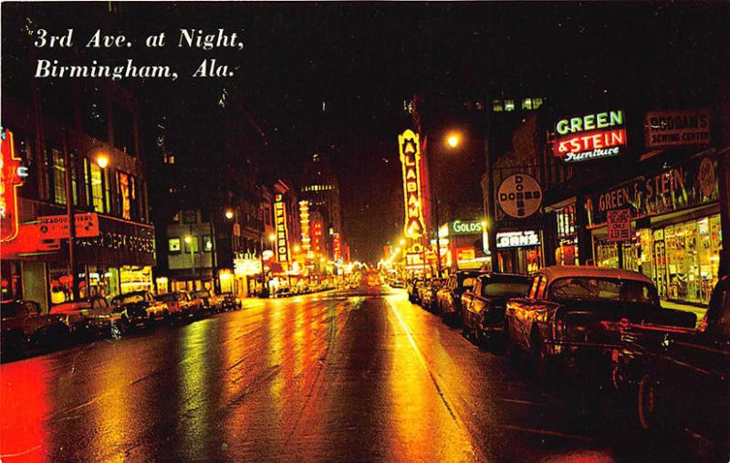 Birmingham AL Night Street View Store Fronts Movie Theatre Postcard