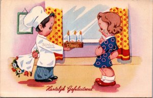 Happy Birthday, Children Boy Baker Gives Cake To Girl Vintage Postcard C187
