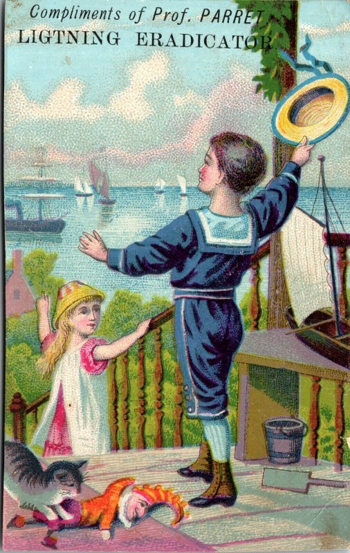 LIGHTNING ERADICATOR - SAILOR BOY GIRL - PIER BOAT - VICTORIAN TRADE CARD NY 