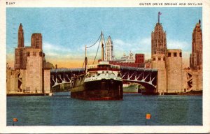 Illinois Chicago Outer Bridge Drive and Skyline 1944