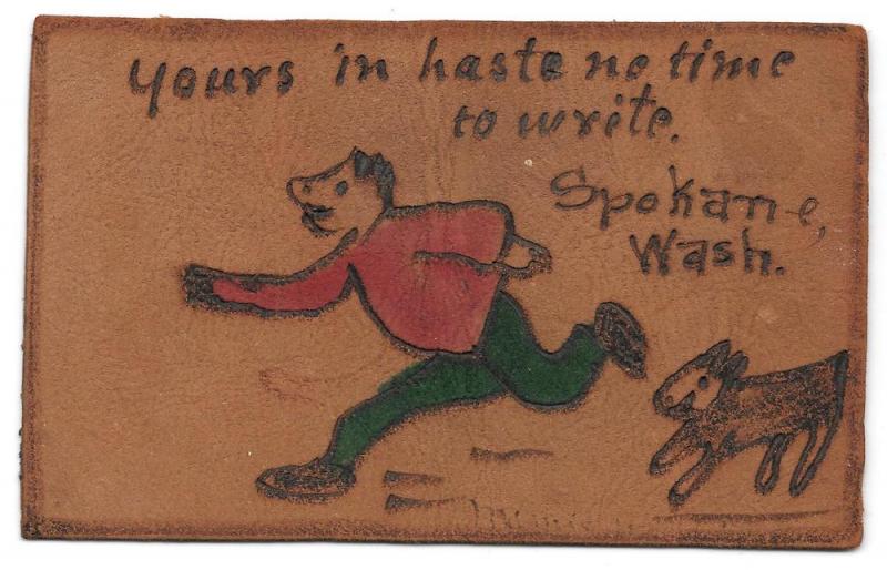 Vintage Leather Postcard Yours in Haste Spokane WA