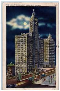 Chicago Illinois IL Postcard The Wringley Building By Moonlight Scene 1937 Moon