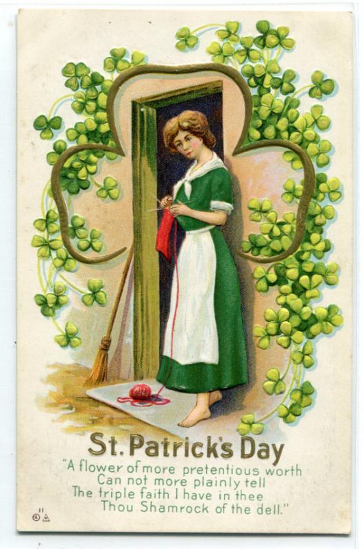 St Patrick's Day Irish Woman Knitting Shamrock Ireland 1912c postcard