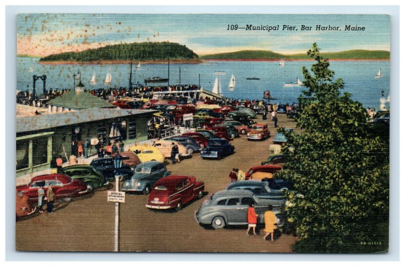 1953 Bar Harbor Maine Municipal Pier Postcard Classic Cars Sailboats
