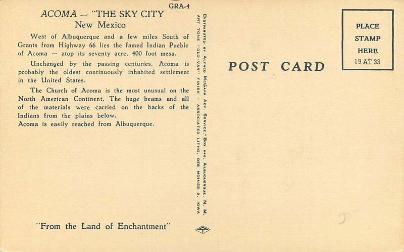 Albuquerque New Mexico Acoma McGarr Associated Litho Postcard 21-10200