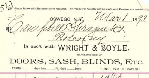 1893 BUFFALO NY THE LYON TABLE AND SUPPLY CO SECECA ST BILLHEAD INVOICE Z4064