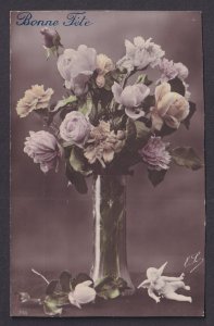 Vintage France postcard roses peonies carnations in vase with cherub circa 1910s