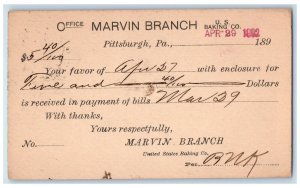 1892 Office Marvin Branch US Baking Co. Pittsburgh Pennsylvania PA Postal Card