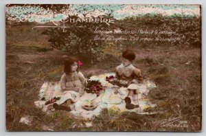 RPPC Children Picnic Flowers Wine Hand Colored Photo Postcard H25