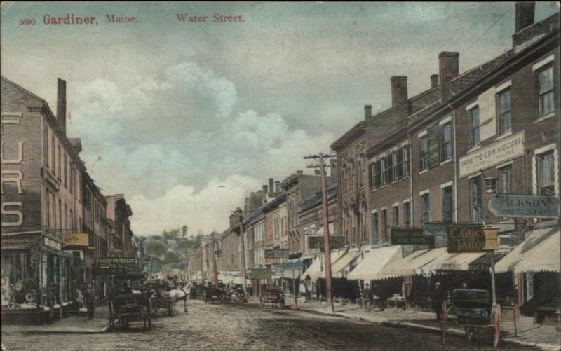 Gardiner ME Water St. Numerous Visible Store Signs Nice Quality c1905 Postcard