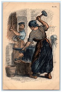 1914 Lady Blacksmith at Work East Prussia Germany Unposted Antique Postcard