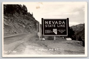 RPPC Nevada State Line Road Sign Billboard on Hwy US 40 Real Photo Postcard I26